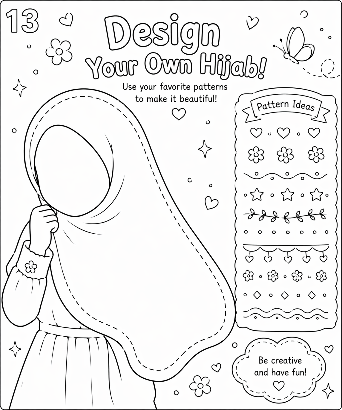 Line-art activity page of a girl in a hijab surrounded by flowers