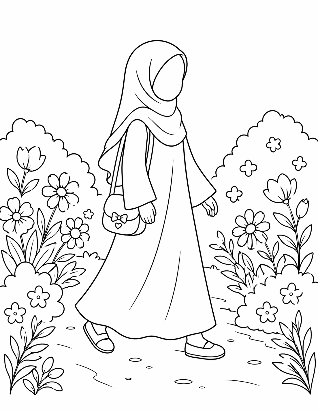 Coloring page of a girl in a hijab walking through a flower garden